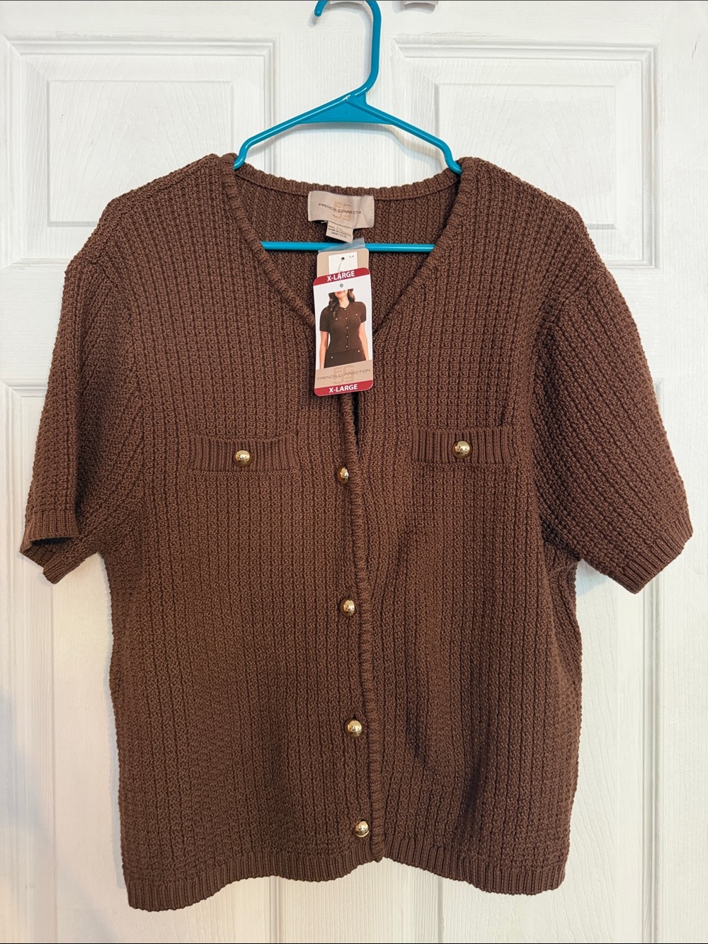 French Connection Brown Short-Sleeve Button Front Sweater Cardigan